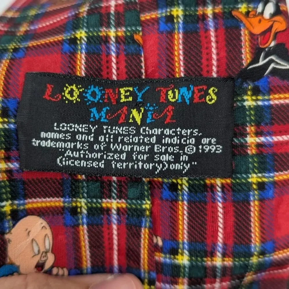 Vintage 1993 Looney Tunes Mania Tie Red Plaid Bugs Bunny Daffy Tweety 58x3.75